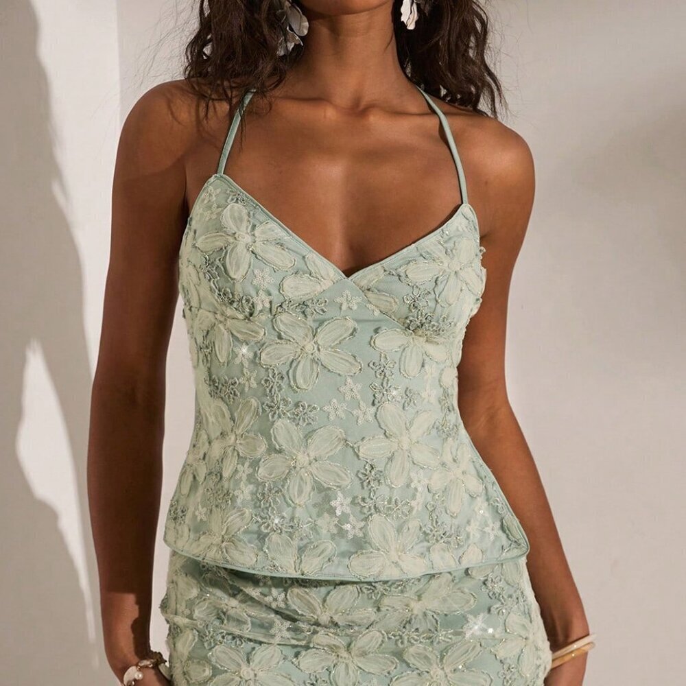 Mint Green Textured Embroidered Sequin Women's Sleeveless Top